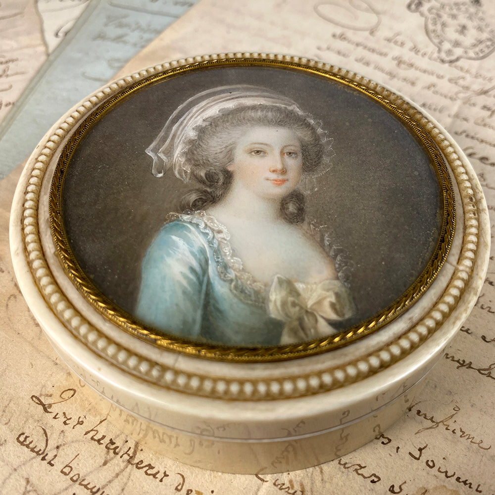 Antique French Table Snuff or Powder Box, Ivory, Portrait Miniature of 18th Century Beauty