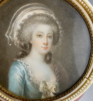 Antique French Table Snuff or Powder Box, Ivory, Portrait Miniature of 18th Century Beauty