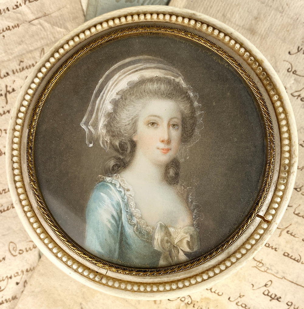 Antique French Table Snuff or Powder Box, Ivory, Portrait Miniature of 18th Century Beauty