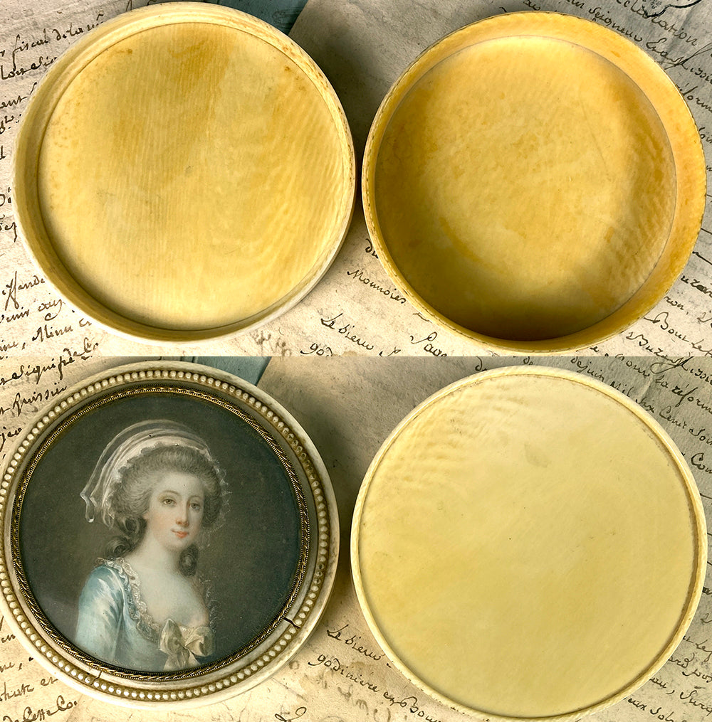 Antique French Table Snuff or Powder Box, Ivory, Portrait Miniature of 18th Century Beauty