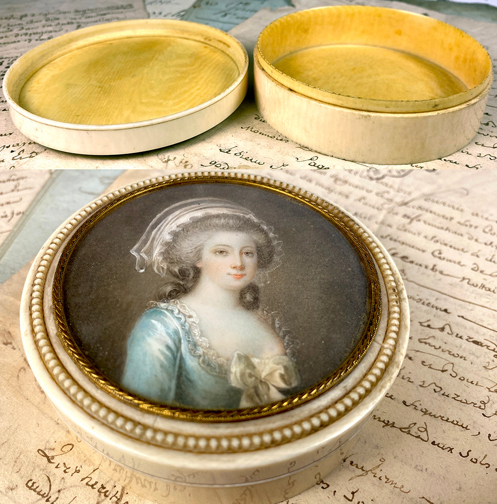 Antique French Table Snuff or Powder Box, Ivory, Portrait Miniature of 18th Century Beauty