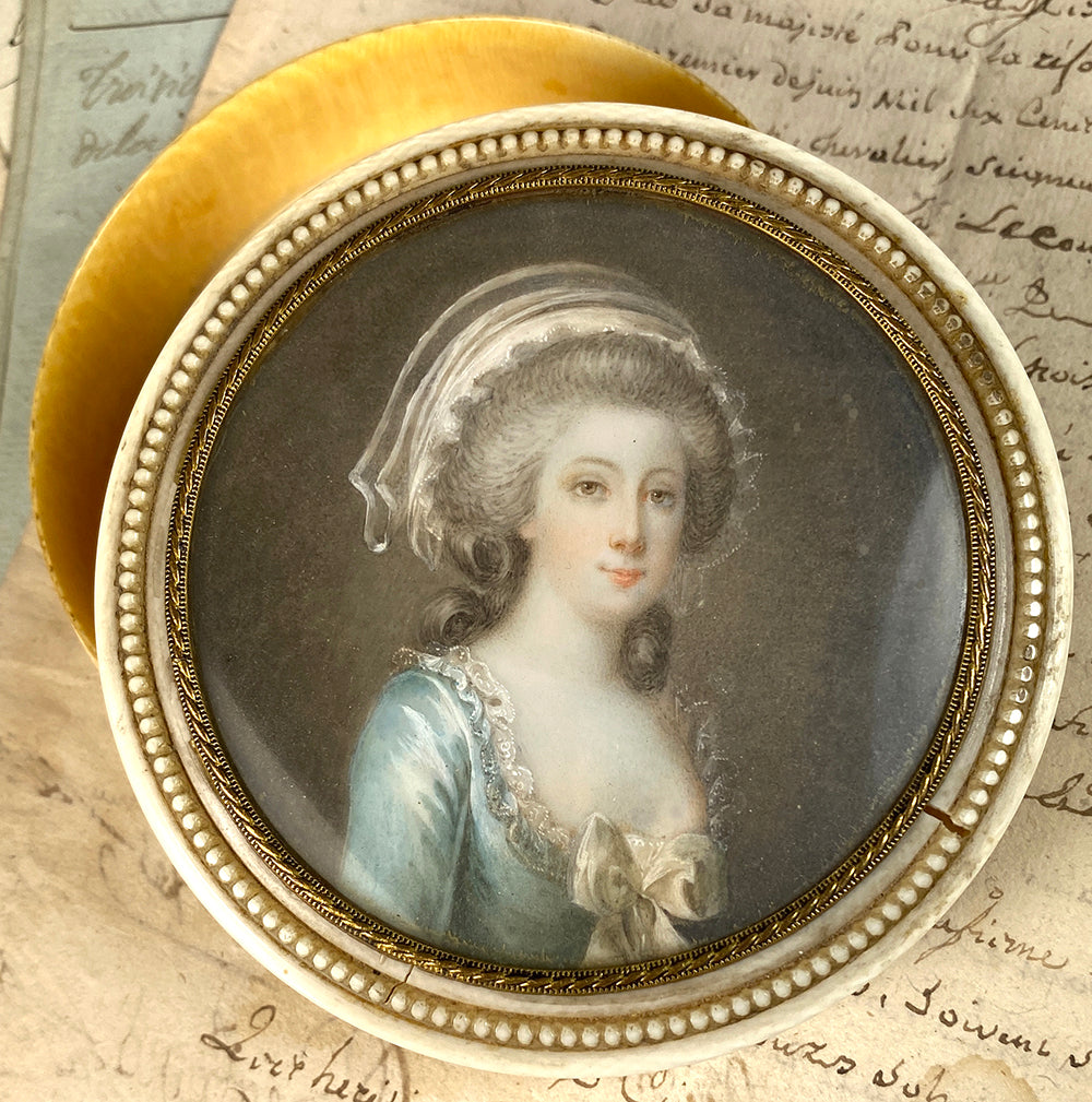 Antique French Table Snuff or Powder Box, Ivory, Portrait Miniature of 18th Century Beauty