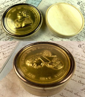 Antique French Snuff or Patch, Bonbon Box, Ivory, Gold Commemorative King Louis XVIII,