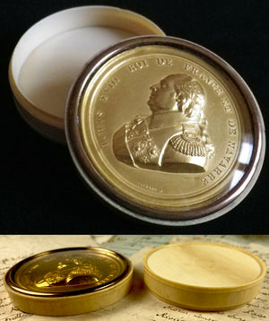 Antique French Snuff or Patch, Bonbon Box, Ivory, Gold Commemorative King Louis XVIII,