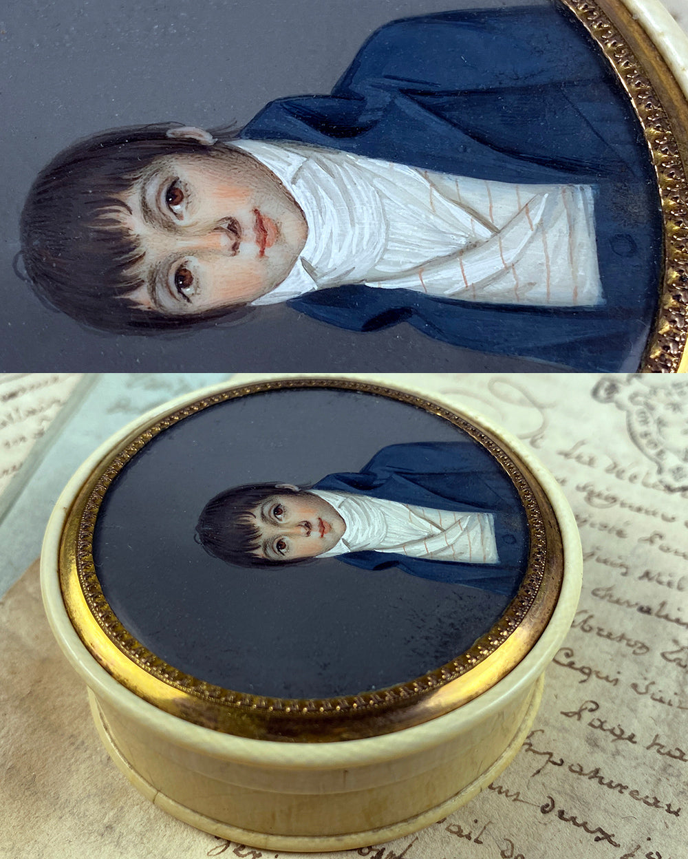 RARE Antique French 18th Century Portrait Miniature Snuff or Patch Box, Boy in Incroyables, c.1795-1799