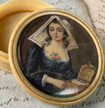 Antique French Portrait Miniature, Girl w Music Box and Pet Bird, Ivory Snuff Box, Bonbon