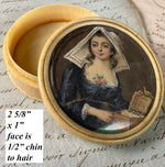 Antique French Portrait Miniature, Girl w Music Box and Pet Bird, Ivory Snuff Box, Bonbon