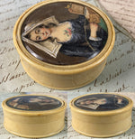 Antique French Portrait Miniature, Girl w Music Box and Pet Bird, Ivory Snuff Box, Bonbon