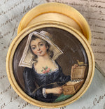 Antique French Portrait Miniature, Girl w Music Box and Pet Bird, Ivory Snuff Box, Bonbon