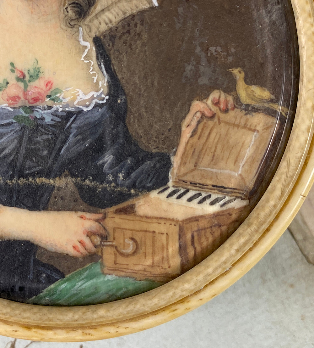 Antique French Portrait Miniature, Girl w Music Box and Pet Bird, Ivory Snuff Box, Bonbon