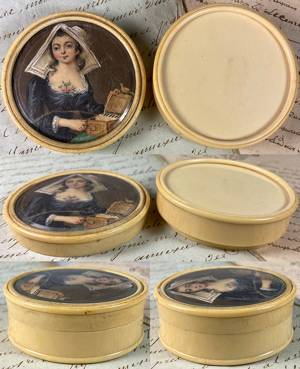 Antique French Portrait Miniature, Girl w Music Box and Pet Bird, Ivory Snuff Box, Bonbon