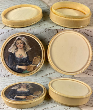 Antique French Portrait Miniature, Girl w Music Box and Pet Bird, Ivory Snuff Box, Bonbon