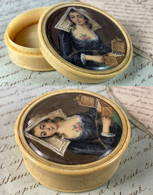 Antique French Portrait Miniature, Girl w Music Box and Pet Bird, Ivory Snuff Box, Bonbon