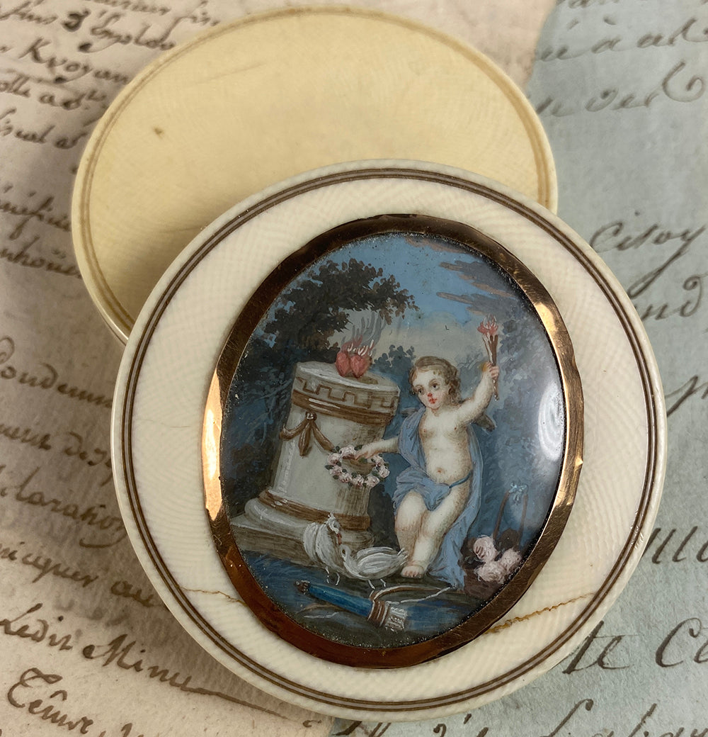 Antique 18th Century Petit Ivory Snuff of Patch Box, 18k Gold and Miniature Portrait of Cupid, Romantic Era