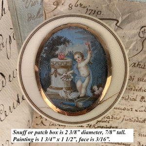 Antique 18th Century Petit Ivory Snuff of Patch Box, 18k Gold and Miniature Portrait of Cupid, Romantic Era