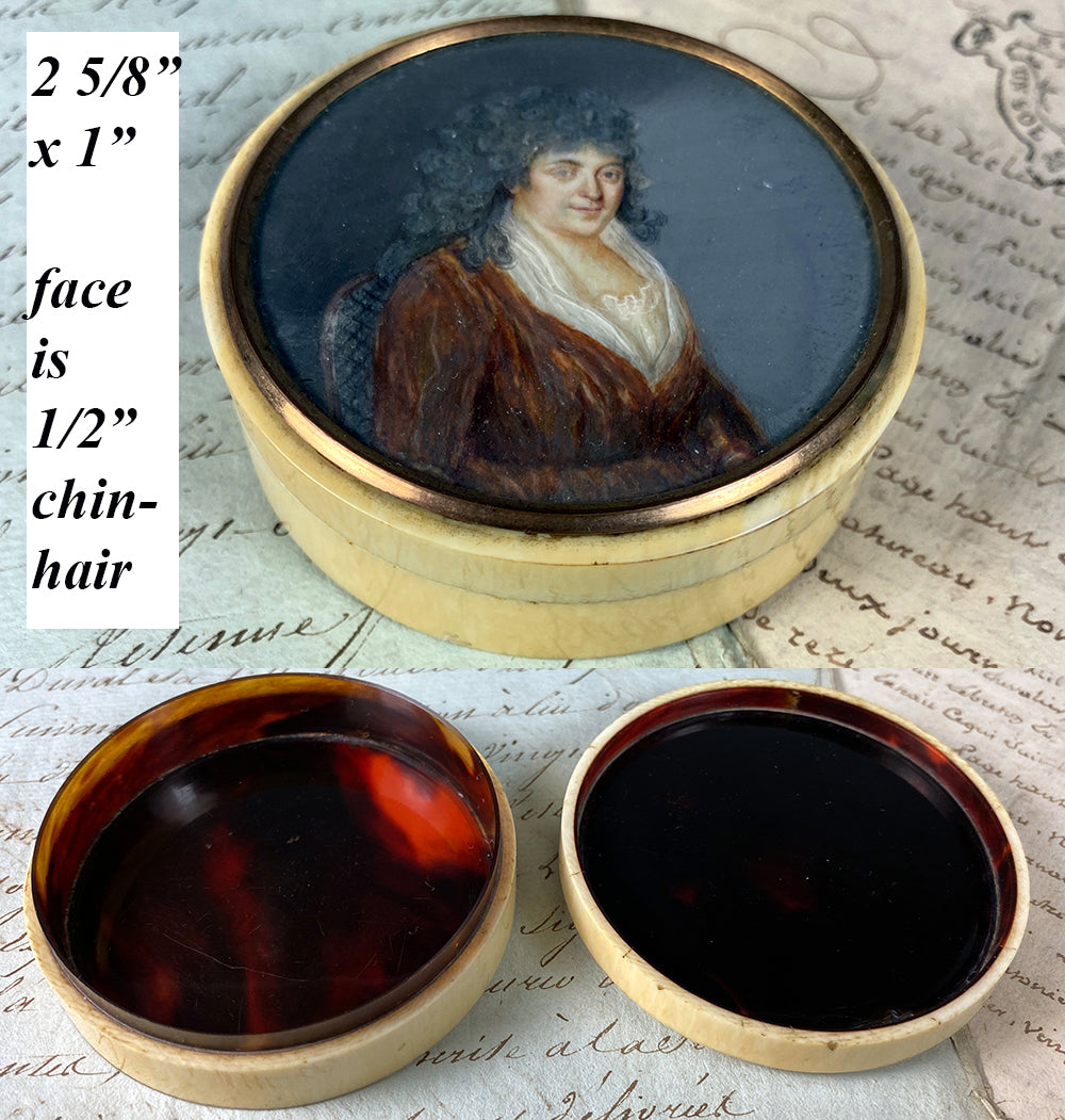 Antique French Portrait Miniature Snuff Box, Ivory, 18th Century Matron, Powdered Wig & Fichu