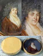 Antique French Portrait Miniature Snuff Box, Ivory, 18th Century Matron, Powdered Wig & Fichu