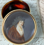 Antique French Portrait Miniature Snuff Box, Ivory, 18th Century Matron, Powdered Wig & Fichu