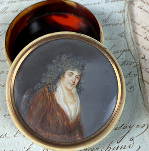 Antique French Portrait Miniature Snuff Box, Ivory, 18th Century Matron, Powdered Wig & Fichu