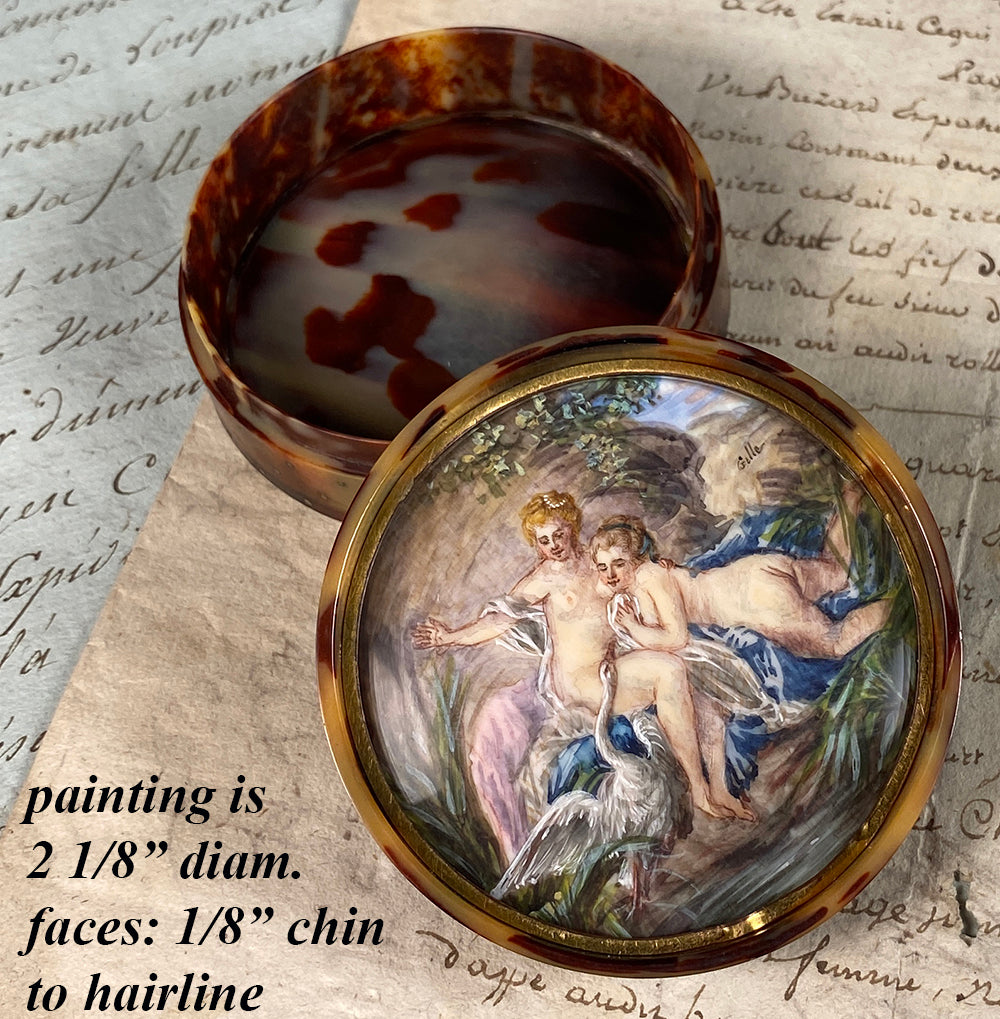 Antique French Tortoise Shell Pique Snuff, Patch Box, Interior Portrait Miniature, Leda and the Swan