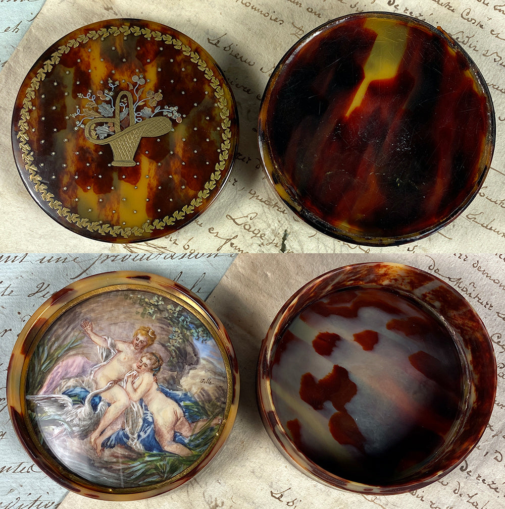 Antique French Tortoise Shell Pique Snuff, Patch Box, Interior Portrait Miniature, Leda and the Swan