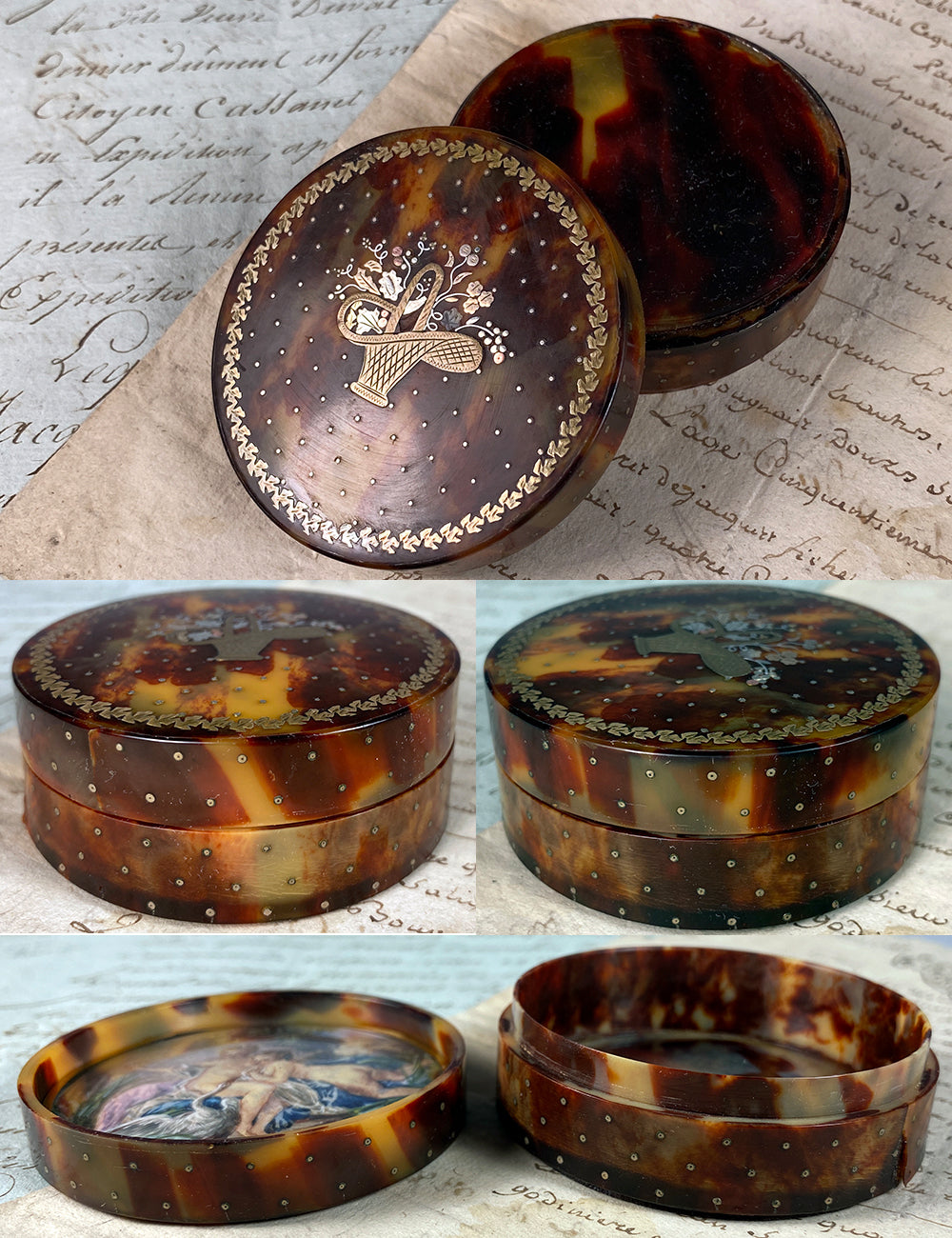 Antique French Tortoise Shell Pique Snuff, Patch Box, Interior Portrait Miniature, Leda and the Swan