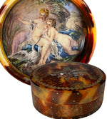 Antique French Tortoise Shell Pique Snuff, Patch Box, Interior Portrait Miniature, Leda and the Swan