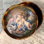 Antique French Tortoise Shell Pique Snuff, Patch Box, Interior Portrait Miniature, Leda and the Swan