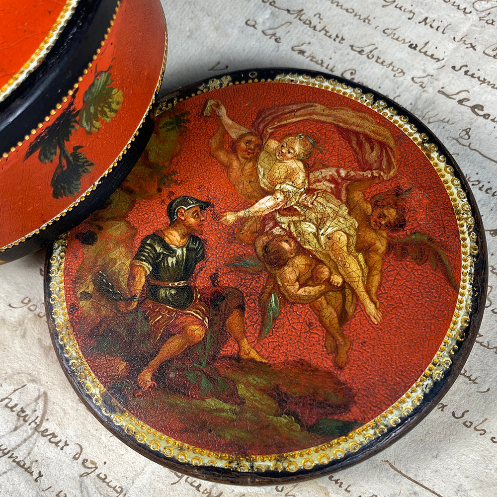 RARE 18th Century French Table Snuff, HP Vernis Martin Portrait Miniature, Tortoise Shell