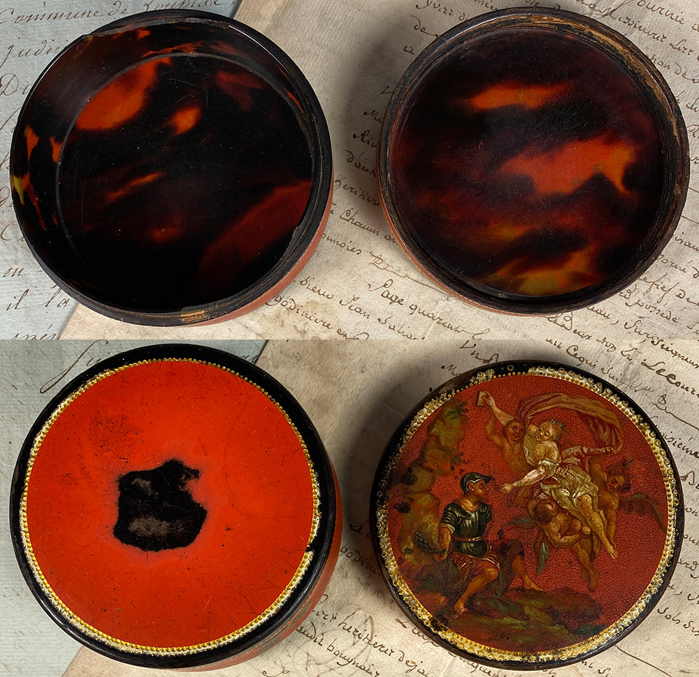 RARE 18th Century French Table Snuff, HP Vernis Martin Portrait Miniature, Tortoise Shell