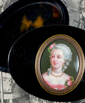 Antique French Portrait Miniature Snuff Box, Kiln-fired Enamel Plaque Portrait, Oval