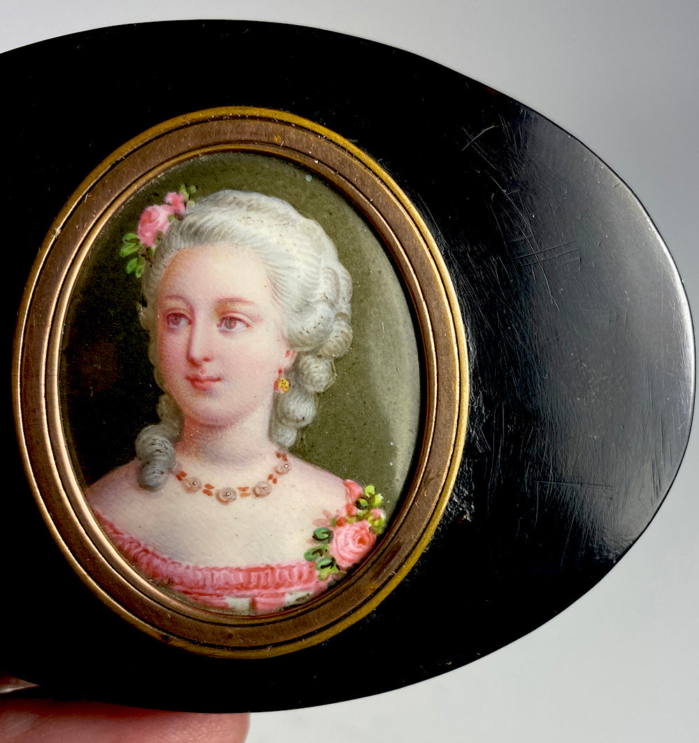 Antique French Portrait Miniature Snuff Box, Kiln-fired Enamel Plaque Portrait, Oval