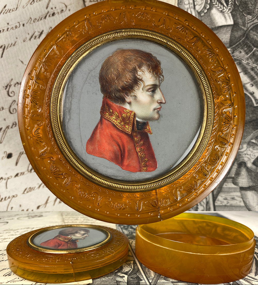 Rare Antique French Table Snuff Box, Blond Tortoise Shell, Early Portrait Miniature of Napoleon