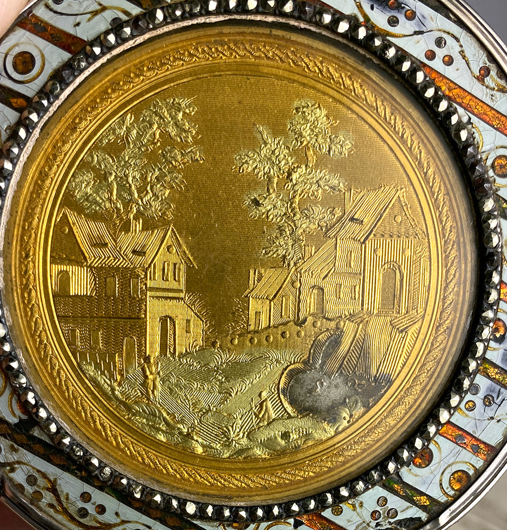 RARE 18th Century French Vernis Martin Snuff Box, 18k Gold Plaque, Landscape, Cut Steel Gems