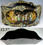 Antique Napoleon III Victorian French Papier Mache 12.5" Wall Pocket, Jardiniere, Chinoise, Mother of Pearl