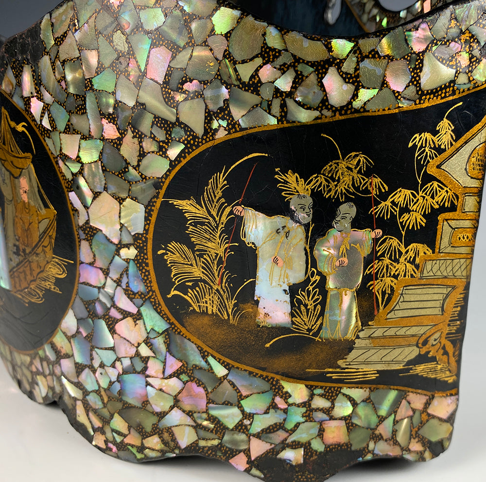 Antique Napoleon III Victorian French Papier Mache 12.5" Wall Pocket, Jardiniere, Chinoise, Mother of Pearl