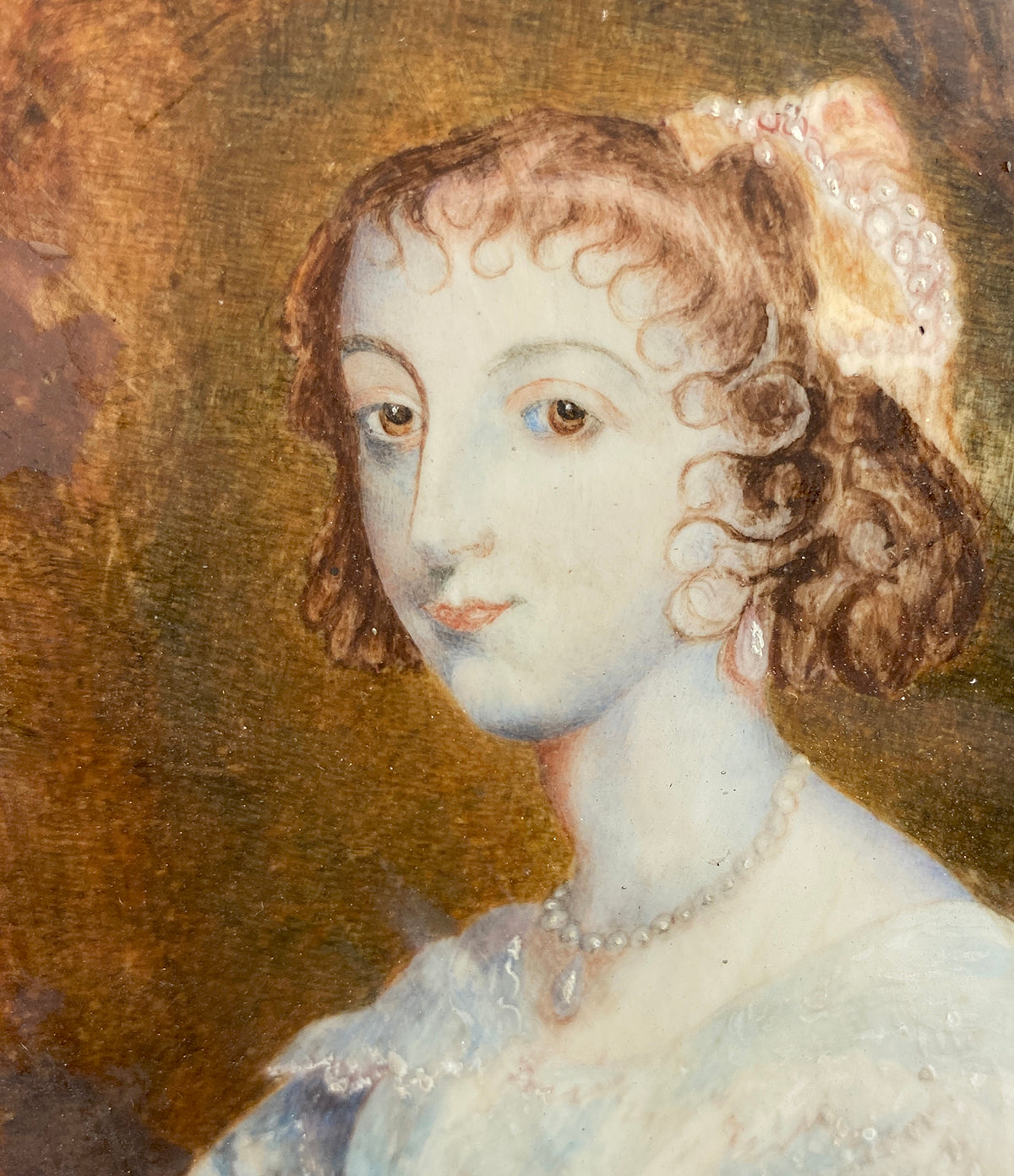 Antique 1828 Portrait Miniature of Marie d'Medici's Daughter, Queen Henrietta Marie, after Van Dyck
