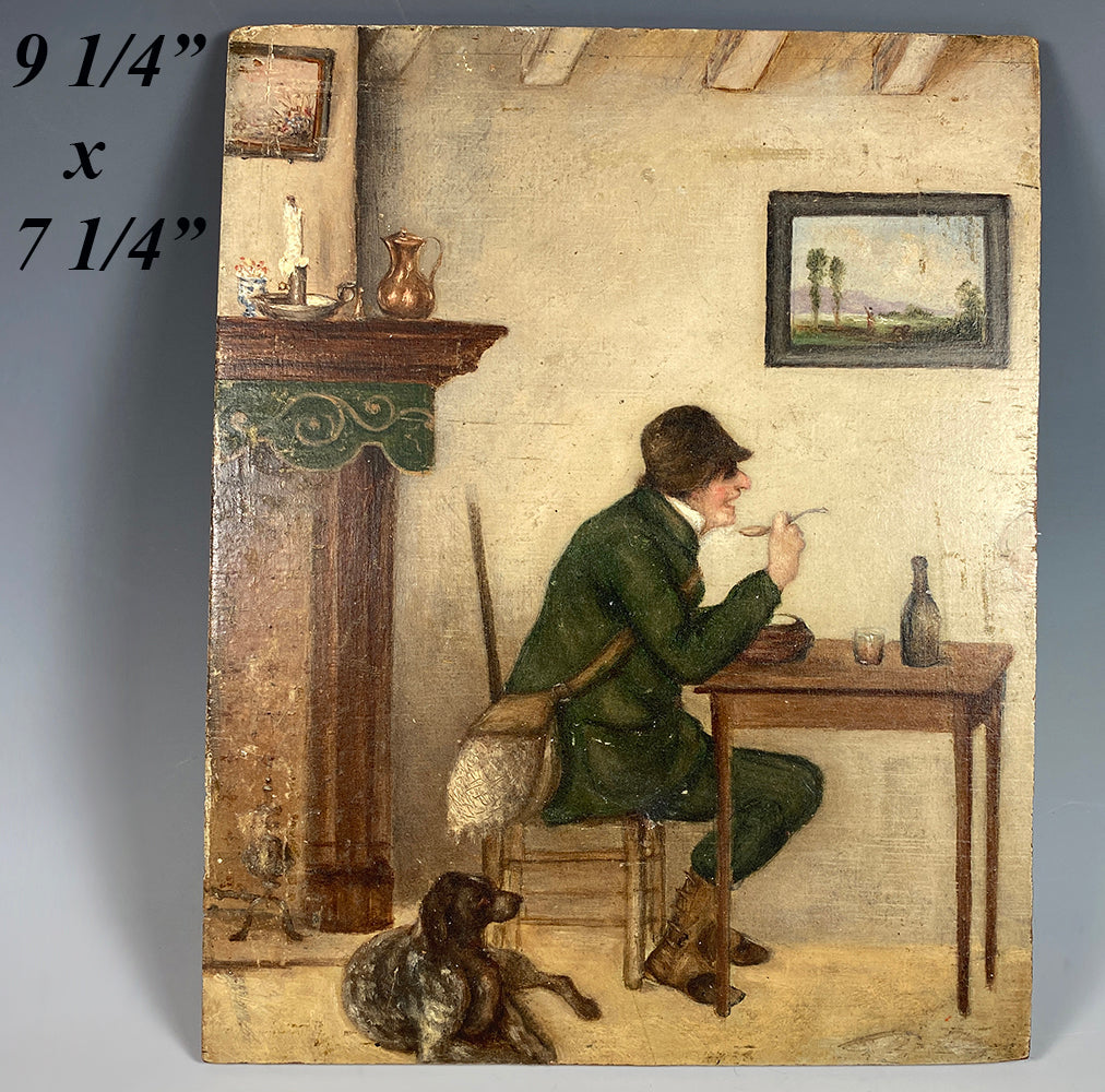 Superb Antique French Miniature Oil Painting, Portrait of Hunter and Dog, Interior, 19th Century