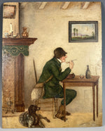 Superb Antique French Miniature Oil Painting, Portrait of Hunter and Dog, Interior, 19th Century