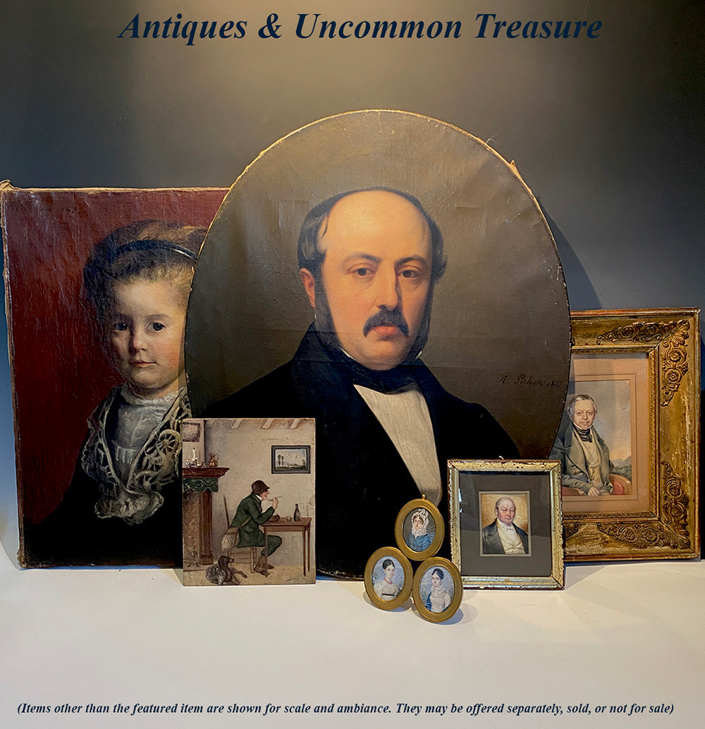 Superb Antique French Miniature Oil Painting, Portrait of Hunter and Dog, Interior, 19th Century