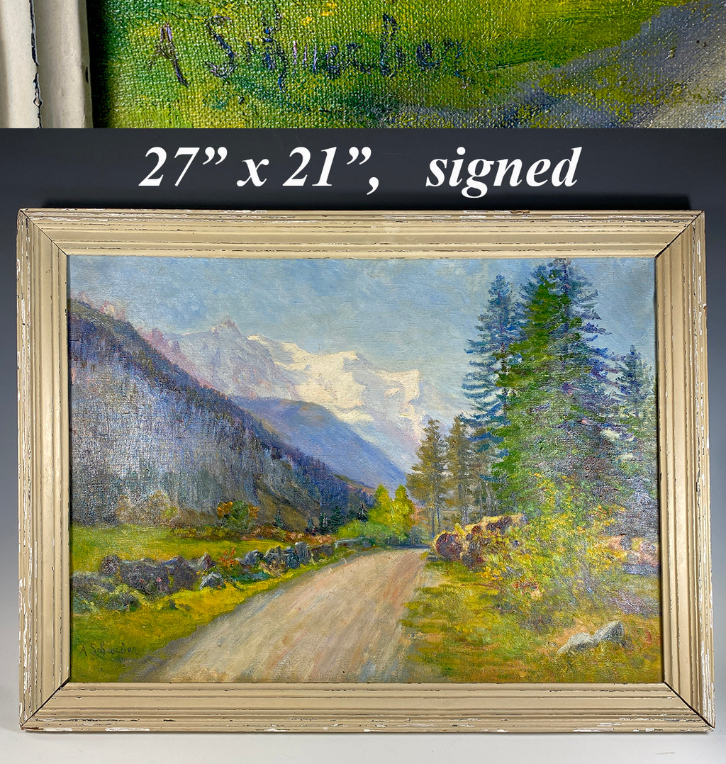 Antique 19th c. Oil Painting in Frame, Valley of Chamonix Mont Blanc, Switzerland, Artist Signed