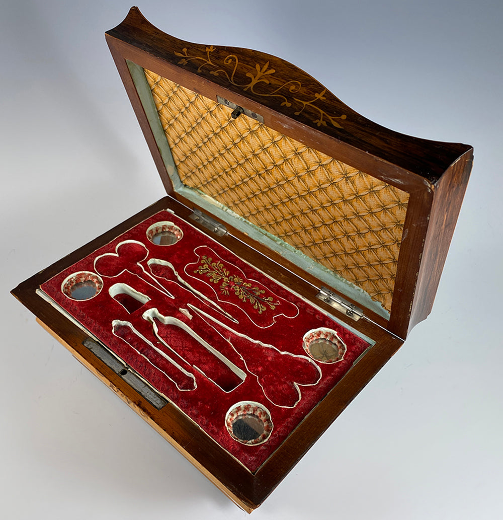 Antique French Empire to Restauration Era Palais Royal Sewing Box, Casket, 3 Tools, Needle Case, Thimble