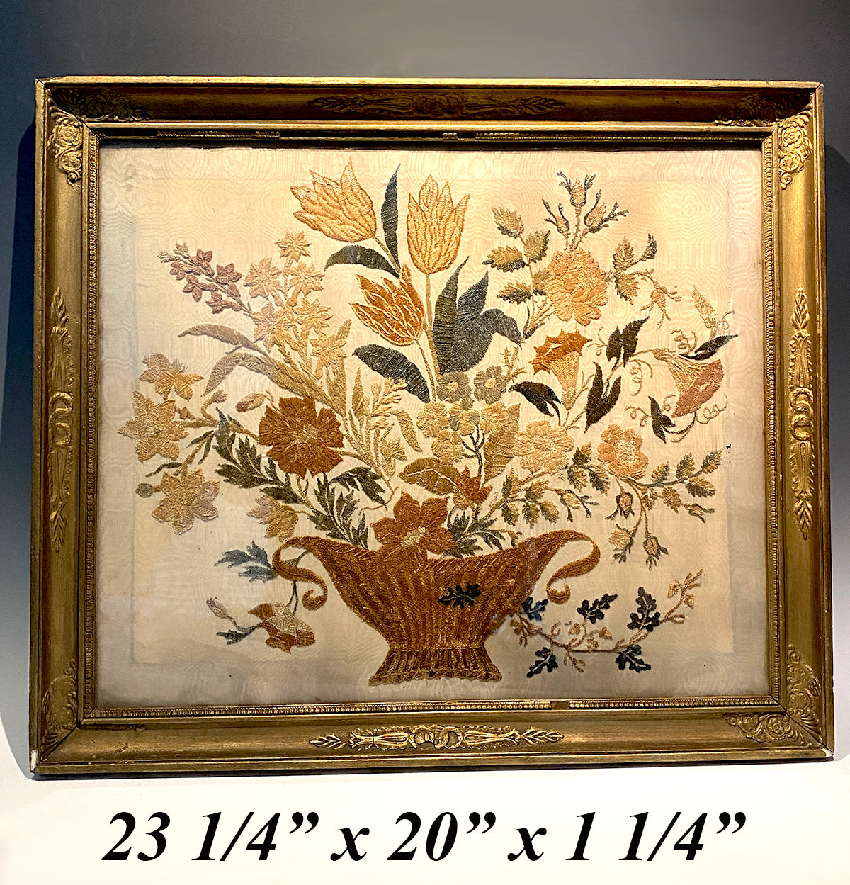 Elegant Antique French 18th c to French Empire Silk Embroidery Still Life, Chenille Needlework, Frame