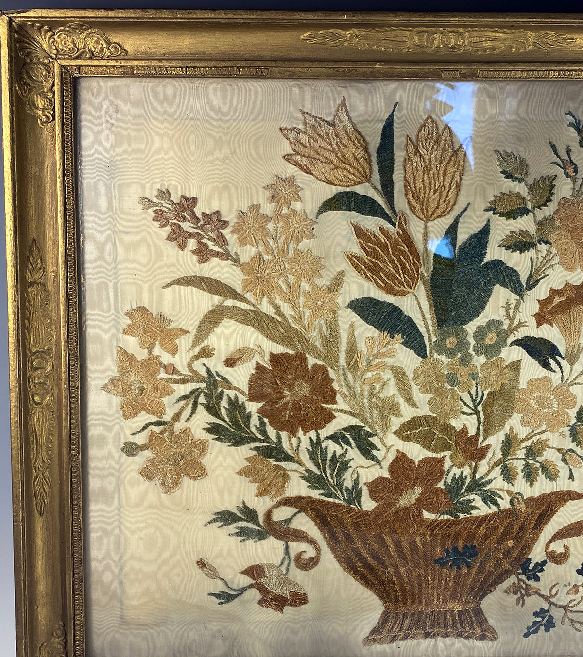 Elegant Antique French 18th c to French Empire Silk Embroidery Still Life, Chenille Needlework, Frame