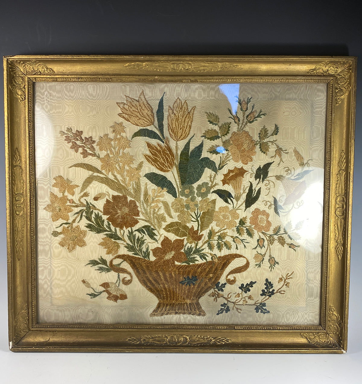 Elegant Antique French 18th c to French Empire Silk Embroidery Still Life, Chenille Needlework, Frame