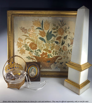 Elegant Antique French 18th c to French Empire Silk Embroidery Still Life, Chenille Needlework, Frame