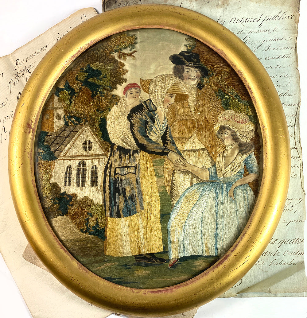 Fine Antique French 18th Century Silk Embroidery Sampler, Family and Home in Countryside, Frame