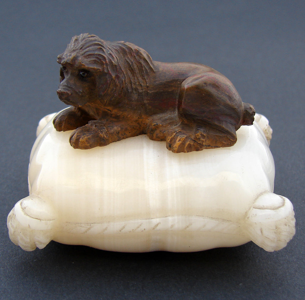 Antique French Door or Servant Bell, a Charming Carved Stone Dog on Marble or Alabaster Pillow