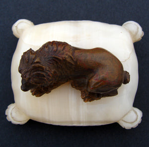 Antique French Door or Servant Bell, a Charming Carved Stone Dog on Marble or Alabaster Pillow