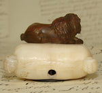 Antique French Door or Servant Bell, a Charming Carved Stone Dog on Marble or Alabaster Pillow